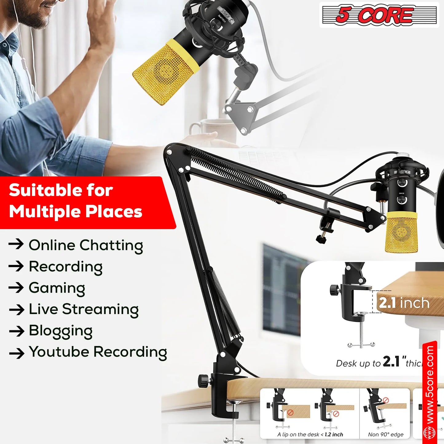 5Core Recording Microphone Podcast Bundle Professional Condenser Cardioid Mic Kit W Boom Arm
